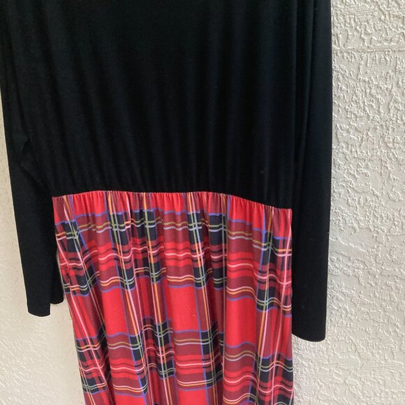 Holiday Hostess Dress Maxi 2X Red Plaid Black Bodice Long Sleeve Modest Merokeet - Picture 2 of 7